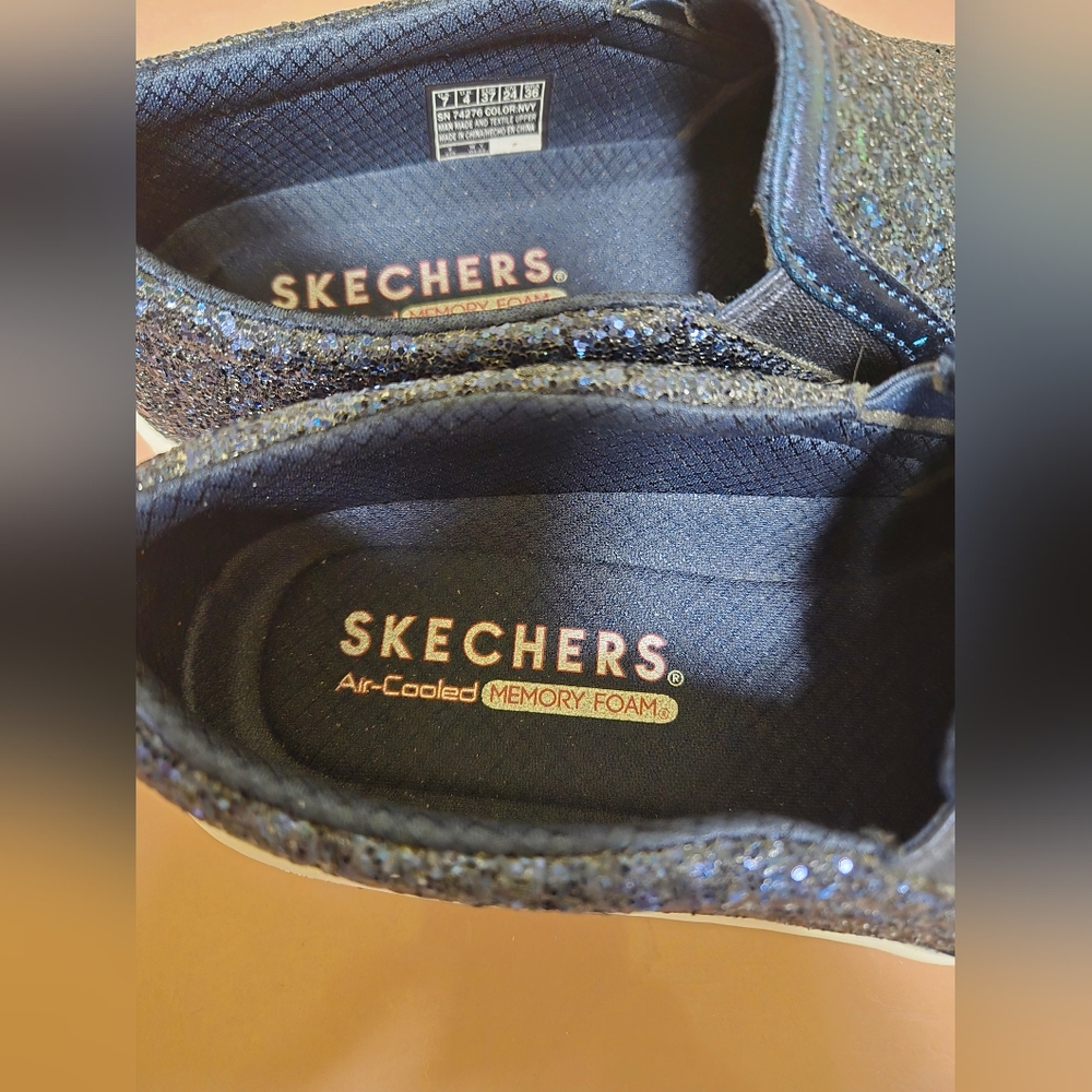 New! Skechers Air Cooled Memory Foam Navy Blue Glitter Slip On Shoes 7 - Picture 9 of 14